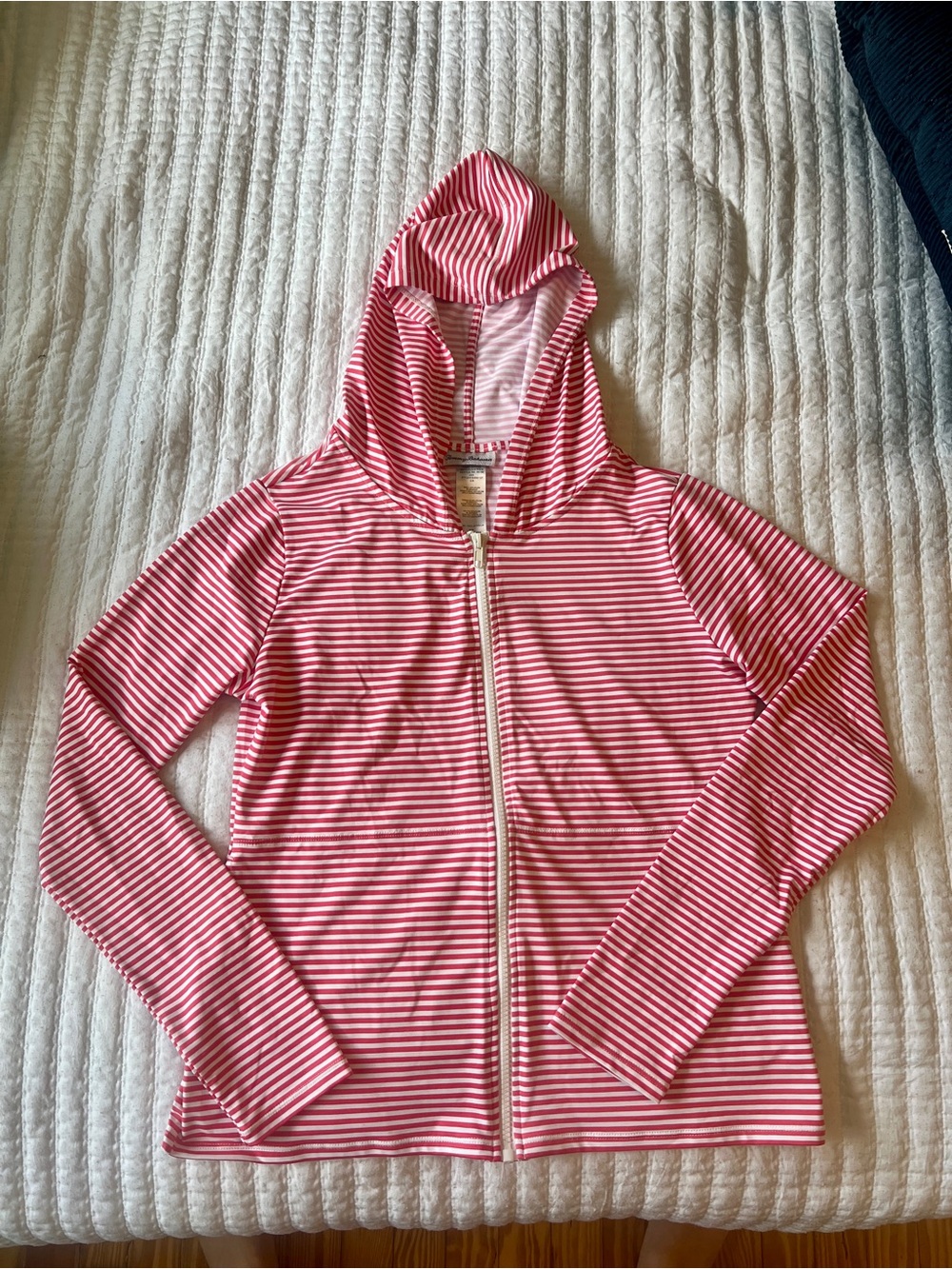 Tommy Bahama Pink and White Striped Athleisure Hooded Zip Jacket